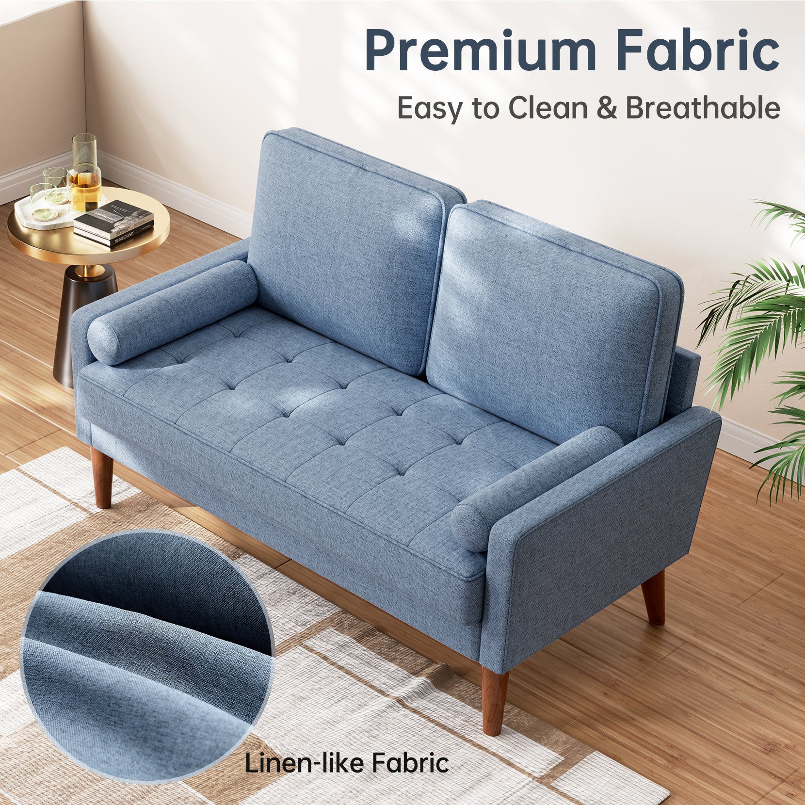 Koorlian Loveseat Sofa, 48" Small Sofa Couch Mid Century Modern Couch for Small Spaces, Bedroom and Living Room, Removable Sofa Cover Spring Cushions and Solid Wood Frame, Easy to Install, Blue