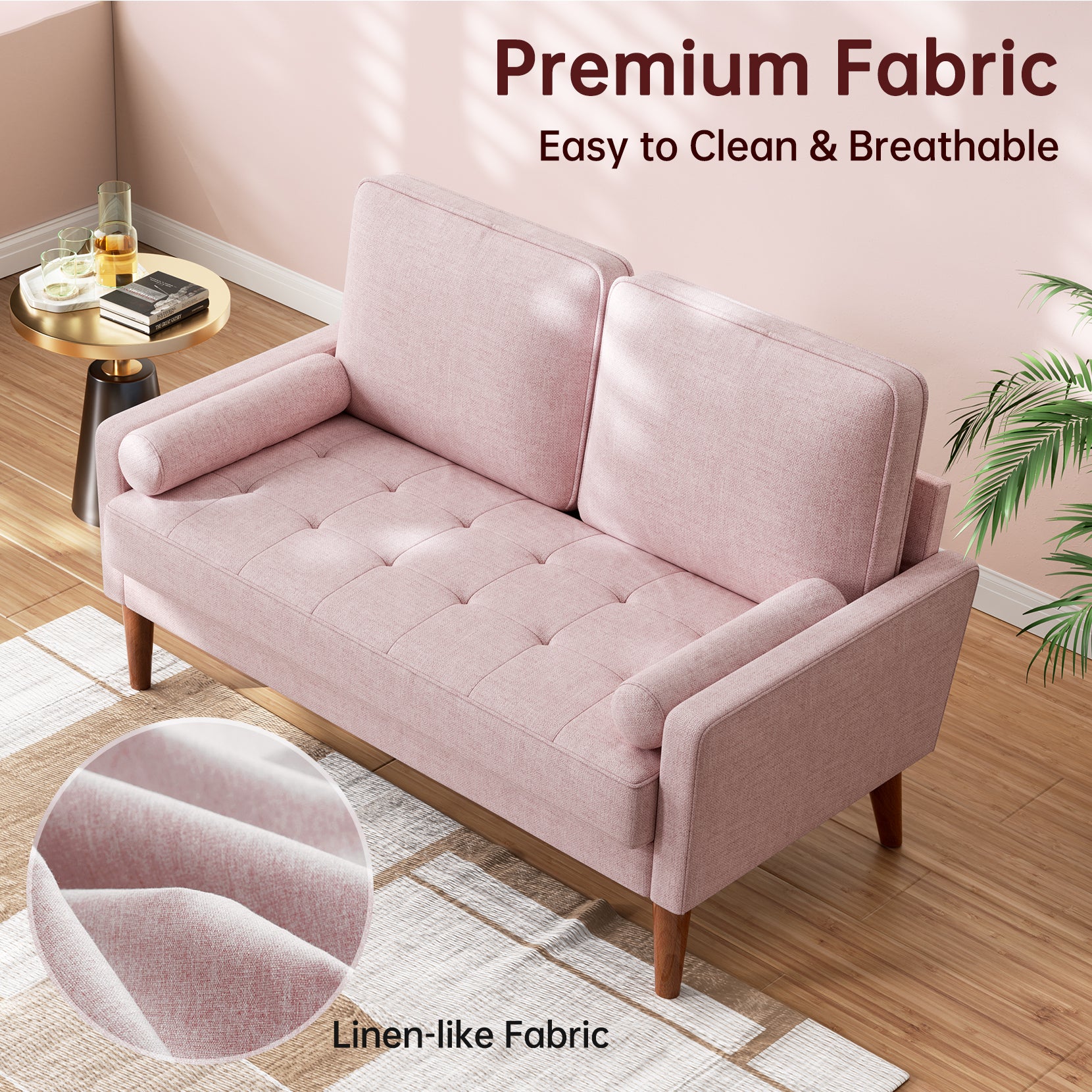 Koorlian Loveseat Sofa, 48" Small Sofa Couch Mid Century Modern Couch for Small Spaces, Bedroom and Living Room, Removable Sofa Cover Spring Cushions and Solid Wood Frame, Easy to Install, Pink