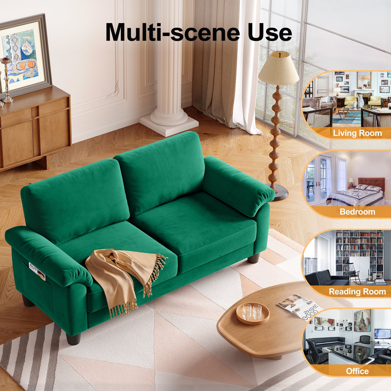 Koorlian 70" Loveseat Sofa, Mid Century Modern Couch with Storage Bag, Velvet Deep Couches for Small Spaces, Living room,Bedroom, Apartment, Office, Removable Sofa Cover Spring Cushions, Easy to Install, Green