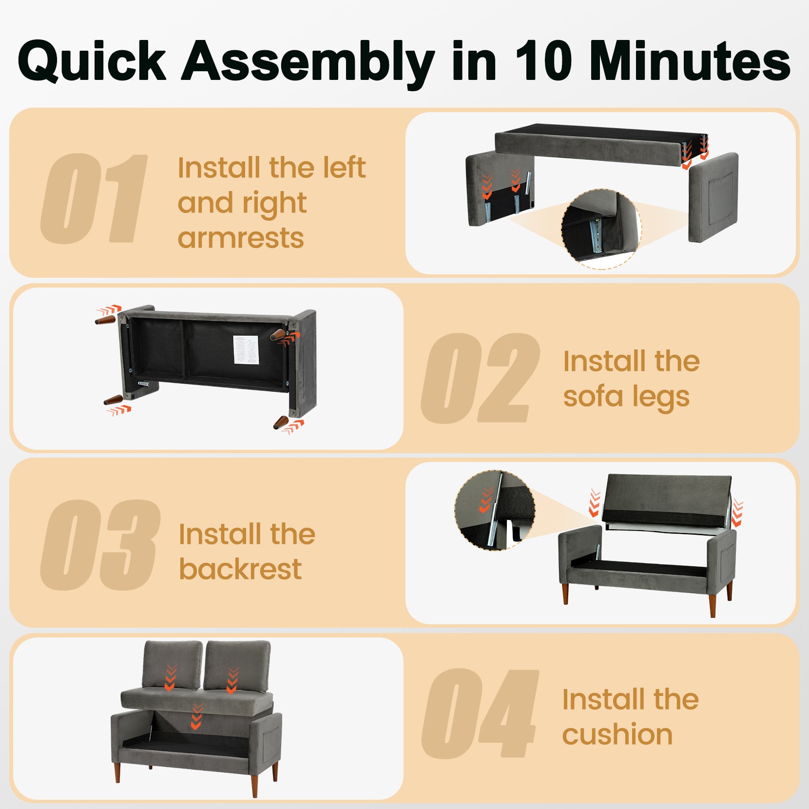 Koorlian Loveseat Sofa, 55" Small Sofa Couch Mid Century Modern Velvet Couch for Small Spaces, Bedroom and Living Room, Removable Sofa Cover Spring Cushions and Solid Wood Frame, Easy to Install, Grey