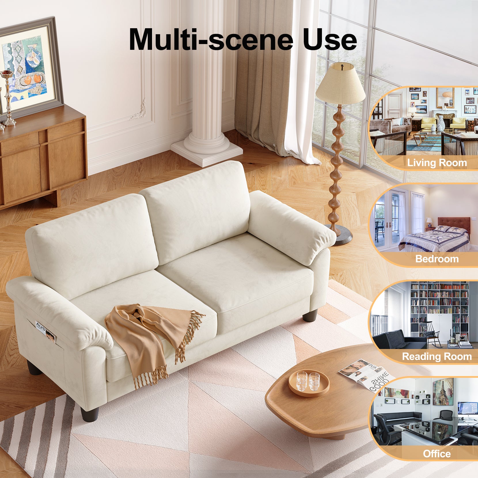 Koorlian 70" Loveseat Sofa, Mid Century Modern Couch with Storage Bag, Velvet Deep Couches for Small Spaces, Living room,Bedroom, Apartment, Office, Removable Sofa Cover Spring Cushions, Easy to Install, Beige