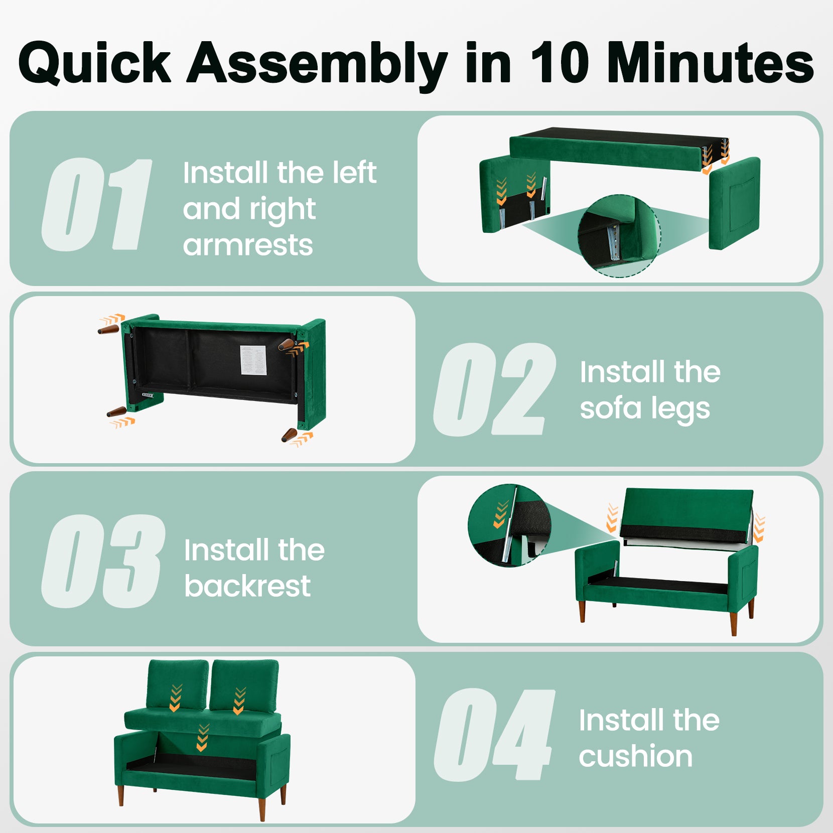 Koorlian Loveseat Sofa, 55" Small Sofa Couch Mid Century Modern Velvet Couch for Small Spaces, Bedroom and Living Room, Removable Sofa Cover Spring Cushions and Solid Wood Frame, Easy to Install, Green