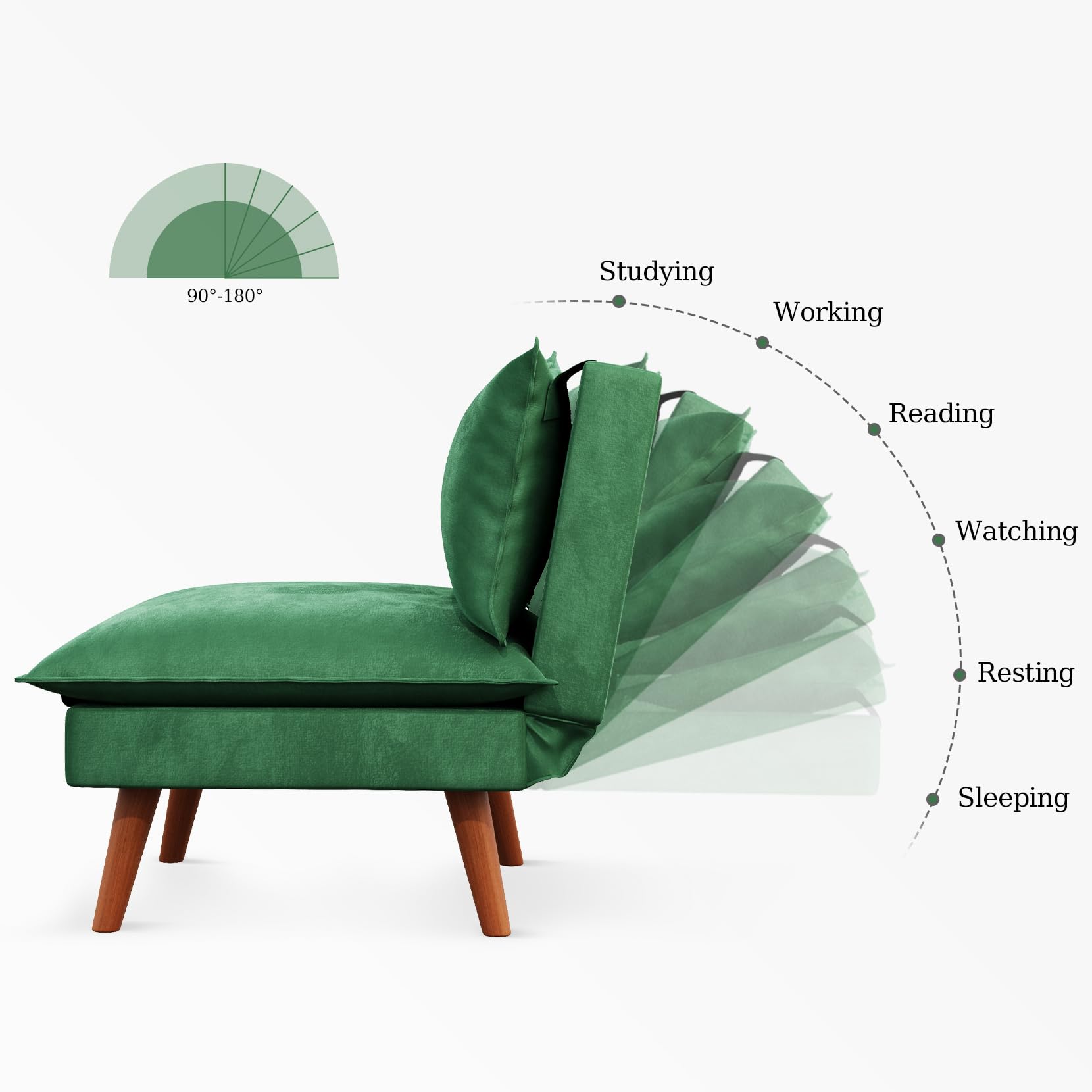 Koorlian Convertible Chair Bed, 5 in 1 Folding Velvet Sleeper Chair, Sofa Bed Floor Chair with Removable Legs, 5 Level Adjustable Backrest, Green