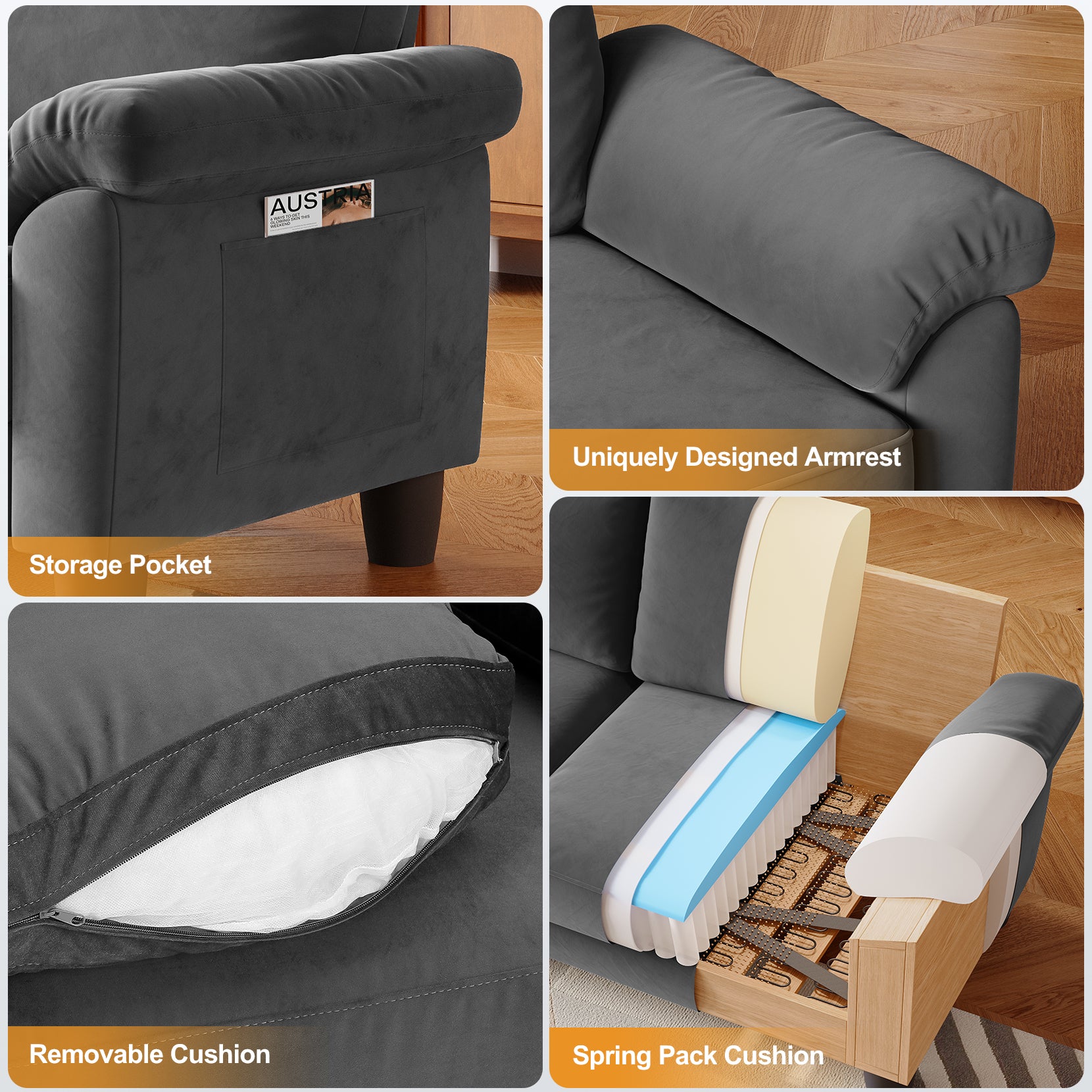 Koorlian 70" Loveseat Sofa, Mid Century Modern Couch with Storage Bag, Velvet Deep Couches for Small Spaces, Living room,Bedroom, Apartment, Office, Removable Sofa Cover Spring Cushions, Easy to Install, Grey