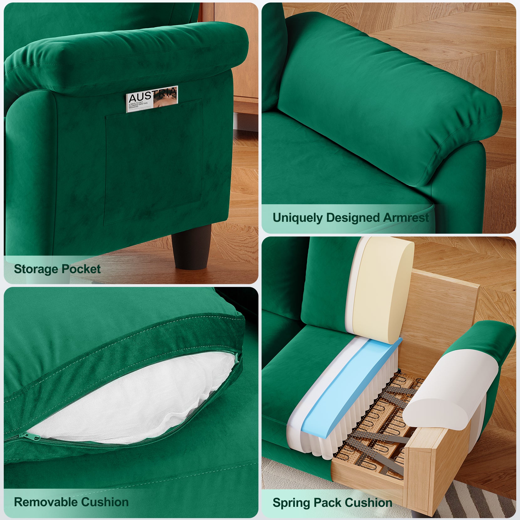 Koorlian 70" Loveseat Sofa, Mid Century Modern Couch with Storage Bag, Velvet Deep Couches for Small Spaces, Living room,Bedroom, Apartment, Office, Removable Sofa Cover Spring Cushions, Easy to Install, Green