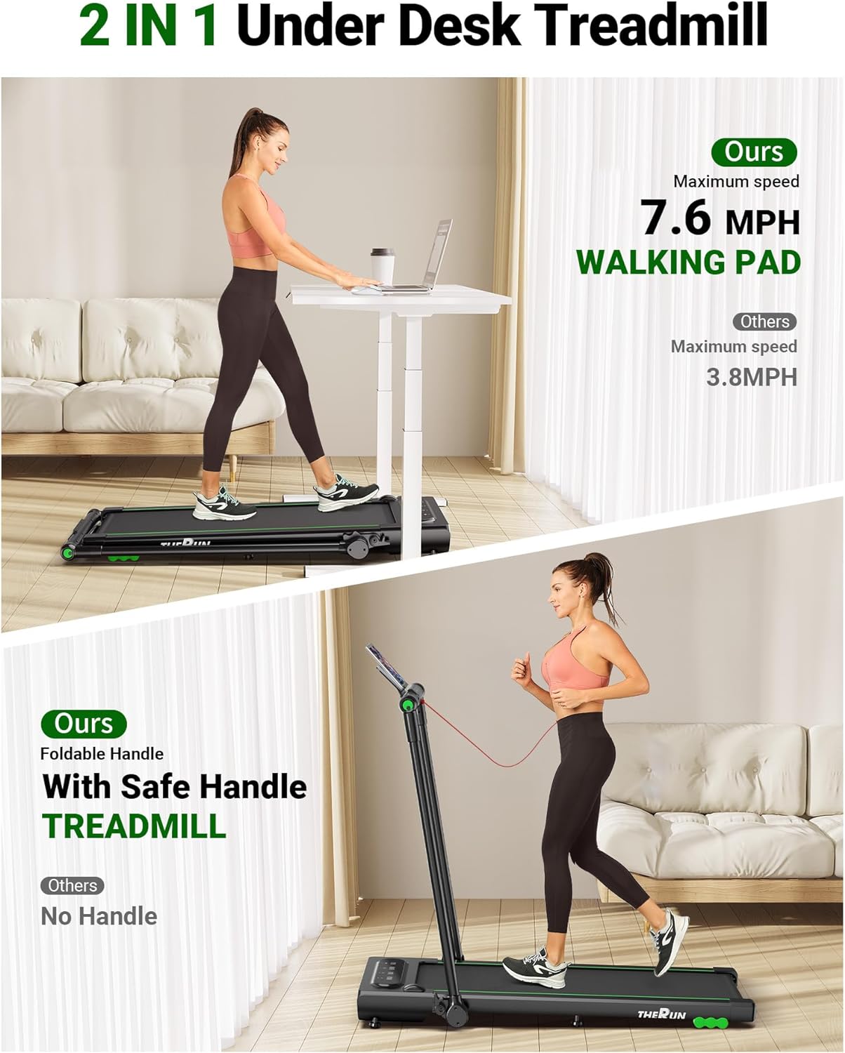2.5HP Treadmill, 2 in 1 Under Desk Walking Pad Treadmill, Electric Compact Space Folding Treadmill for Home Office with LED Touch Screen 0.6-7.6MPH Wider Running Belt, No Assembly Needed