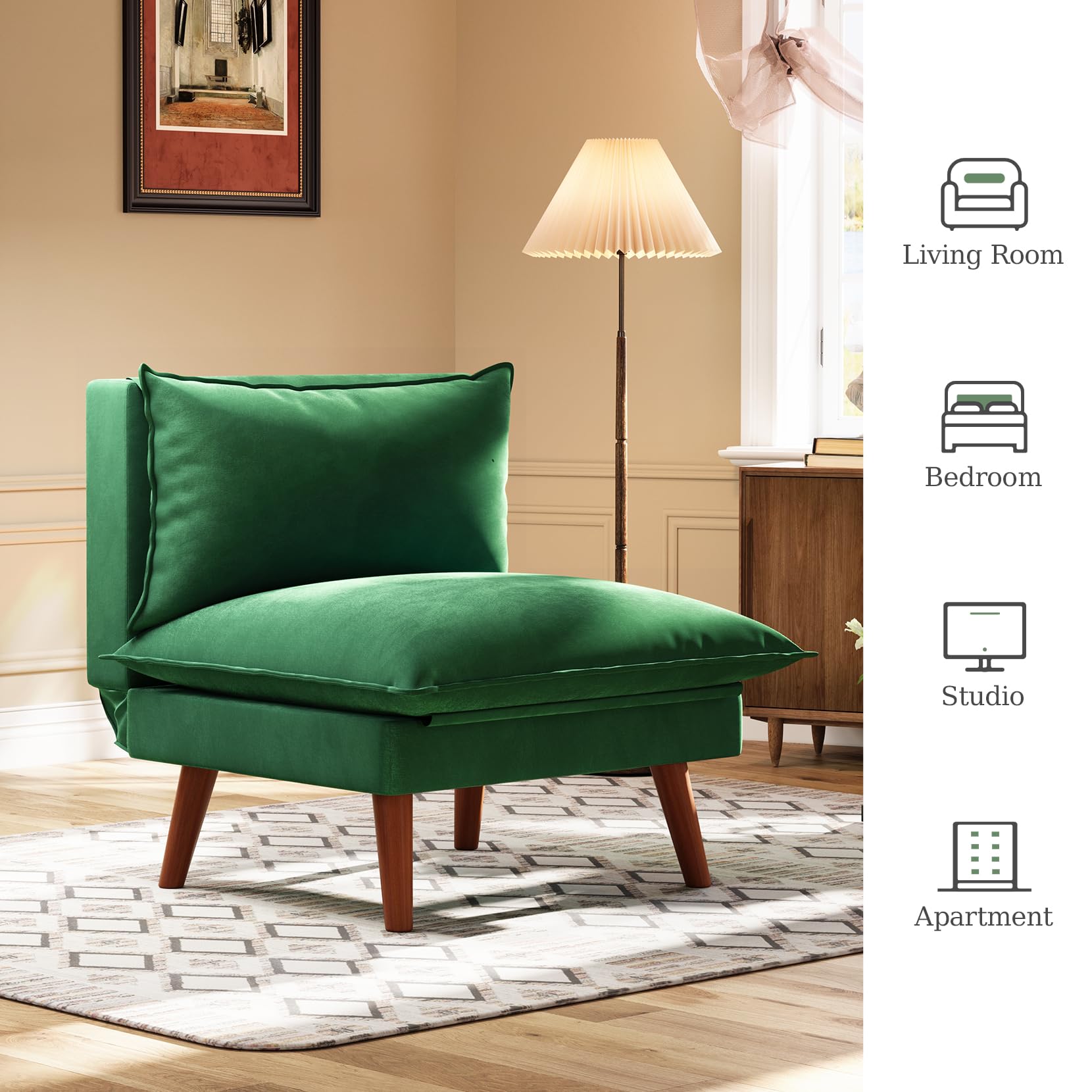 Koorlian Convertible Chair Bed, 5 in 1 Folding Velvet Sleeper Chair, Sofa Bed Floor Chair with Removable Legs, 5 Level Adjustable Backrest, Green