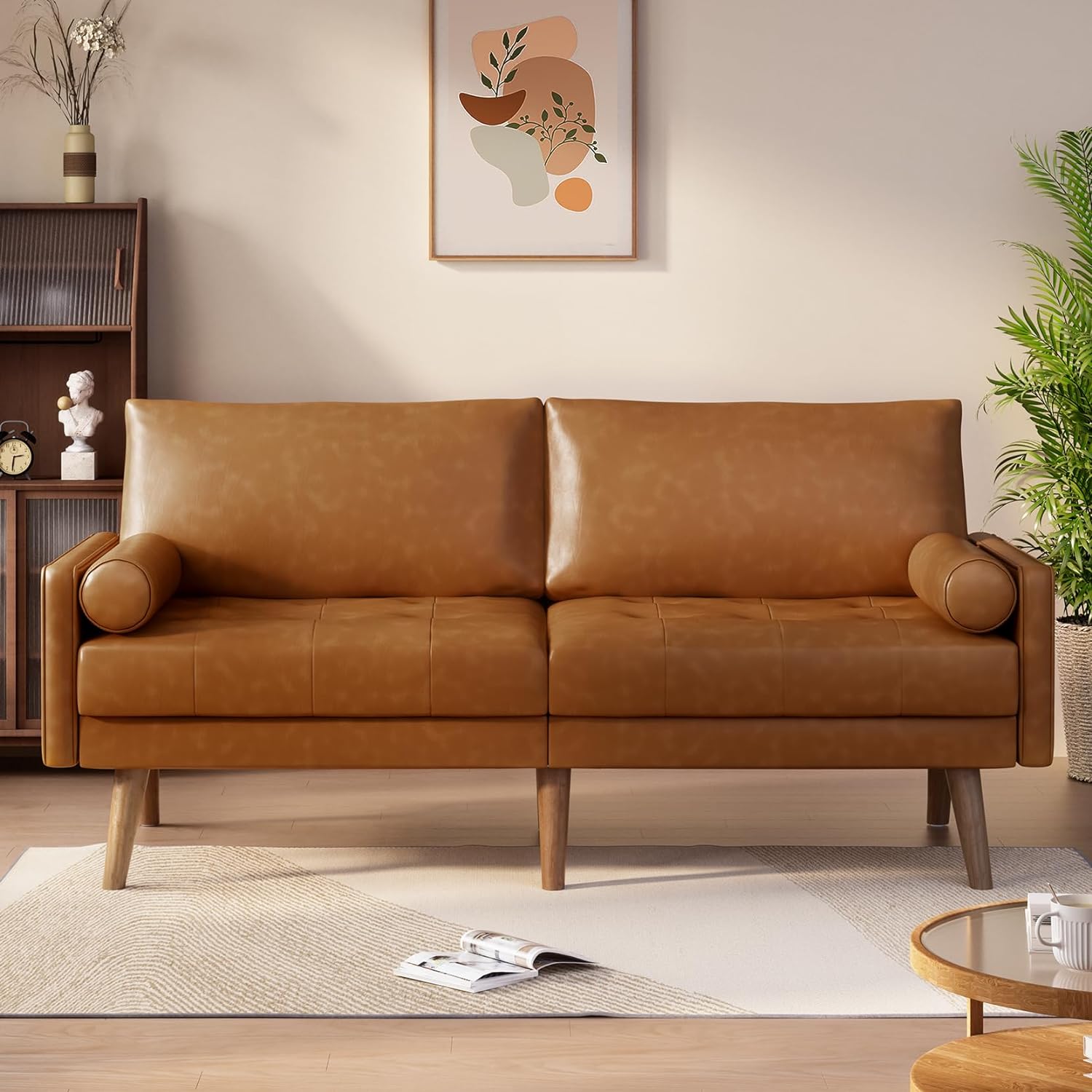 Koorlian Faux Leather Loveseat Sofa, 71inch Mid Century Modern Living Room Sofa, Button Tufted Seat Cushion, Fit for Bedroom, Small Spaces, Brown