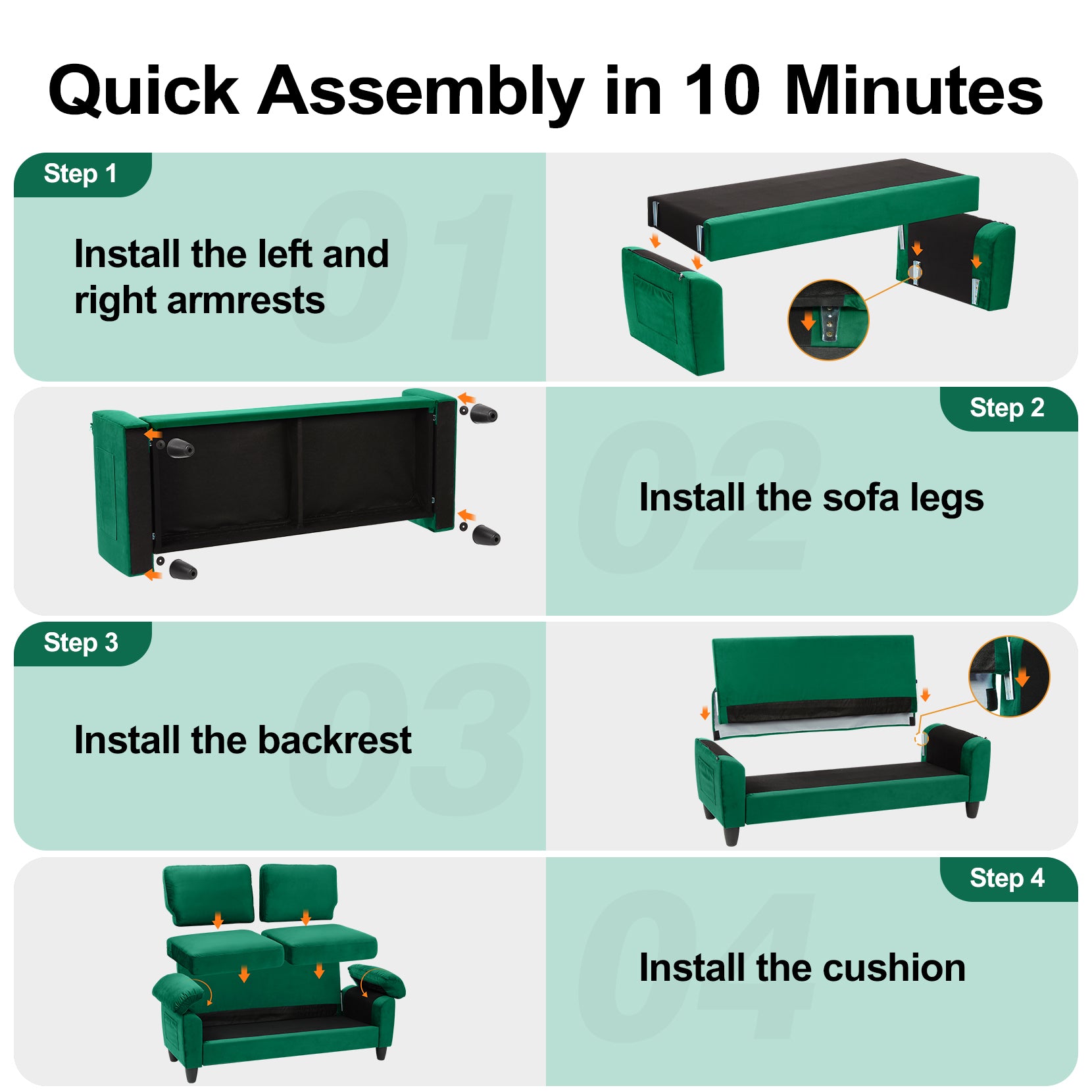 Koorlian 70" Loveseat Sofa, Mid Century Modern Couch with Storage Bag, Velvet Deep Couches for Small Spaces, Living room,Bedroom, Apartment, Office, Removable Sofa Cover Spring Cushions, Easy to Install, Green