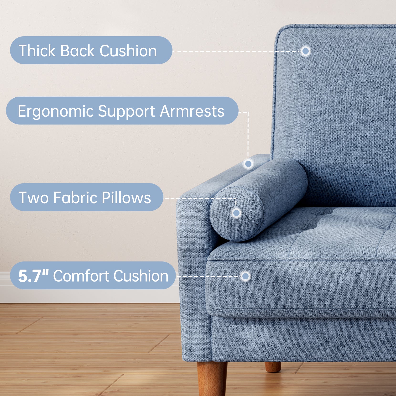 Koorlian Loveseat Sofa, 48" Small Sofa Couch Mid Century Modern Couch for Small Spaces, Bedroom and Living Room, Removable Sofa Cover Spring Cushions and Solid Wood Frame, Easy to Install, Blue