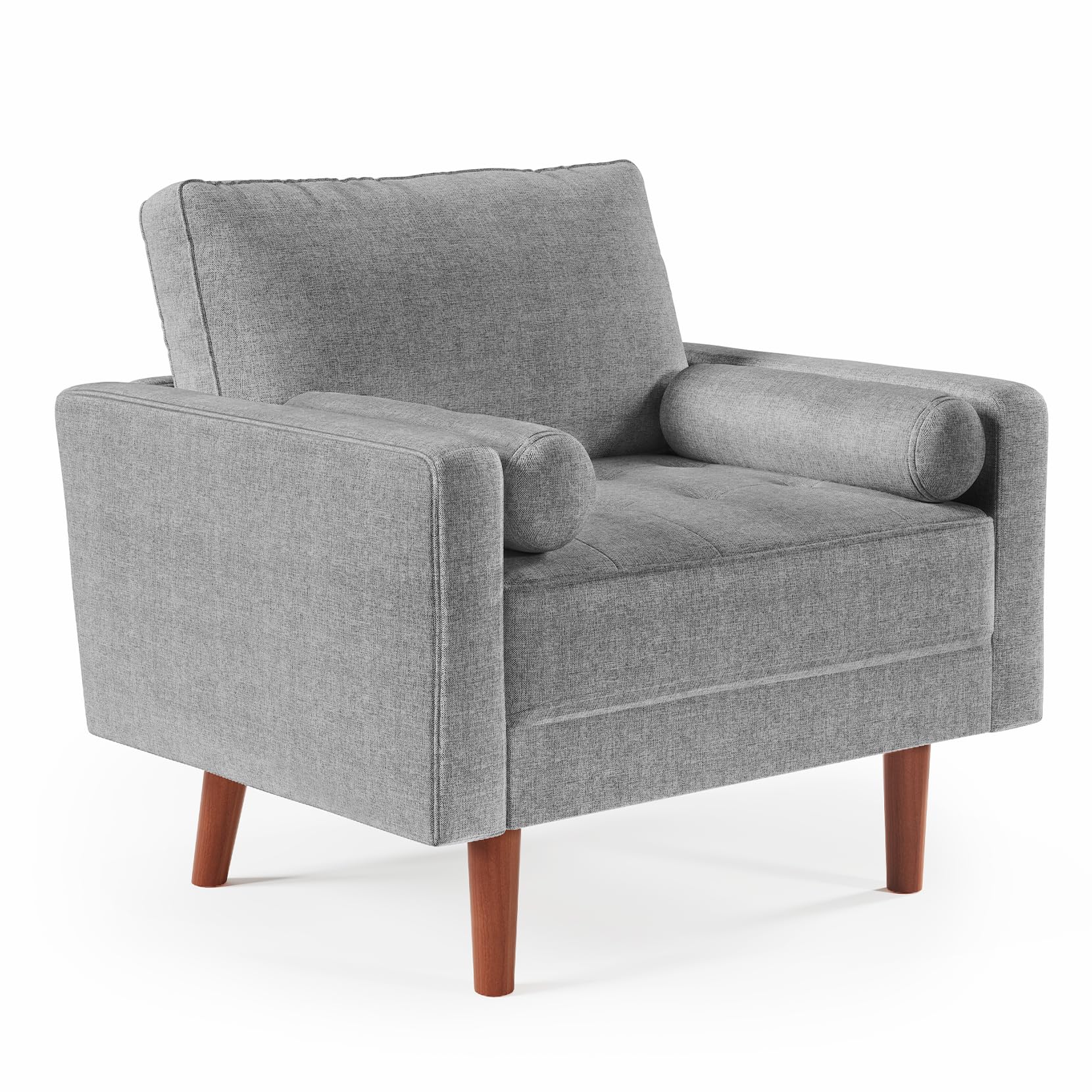 Koorlian Grey Accent Chairs, Mid Century Modern Accent Chair with Track Armrest, Button Tufted Armchair, 2 Bolster Pillow, Linen Fabric Single Sofa Chair for Living Room/Bedroom/Apartment/Office