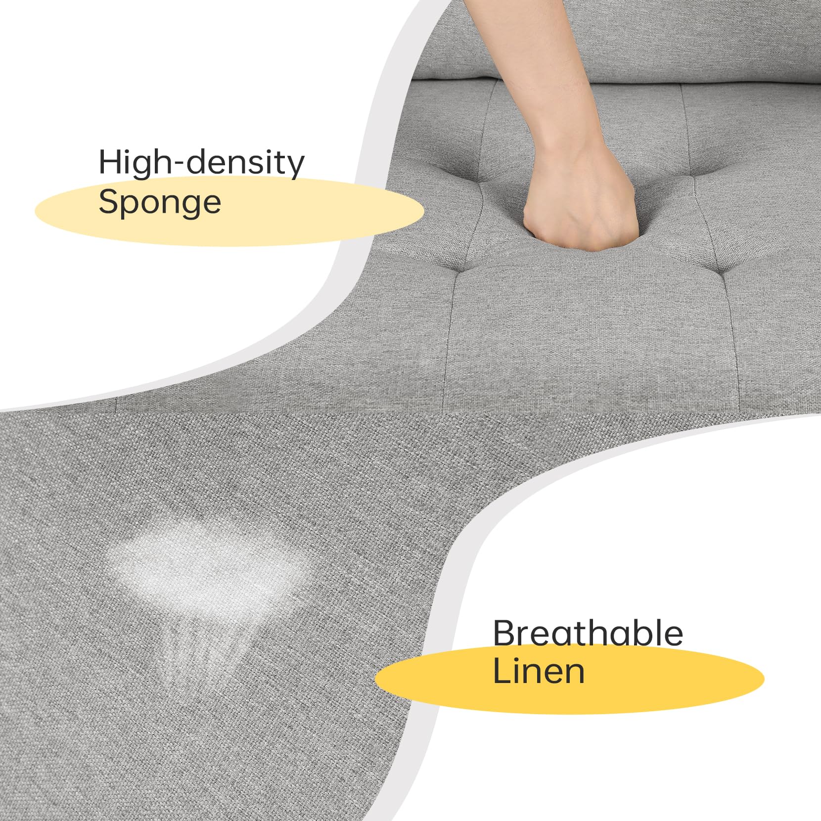 Koorlian Grey Accent Chairs, Mid Century Modern Accent Chair with Track Armrest, Button Tufted Armchair, 2 Bolster Pillow, Linen Fabric Single Sofa Chair for Living Room/Bedroom/Apartment/Office