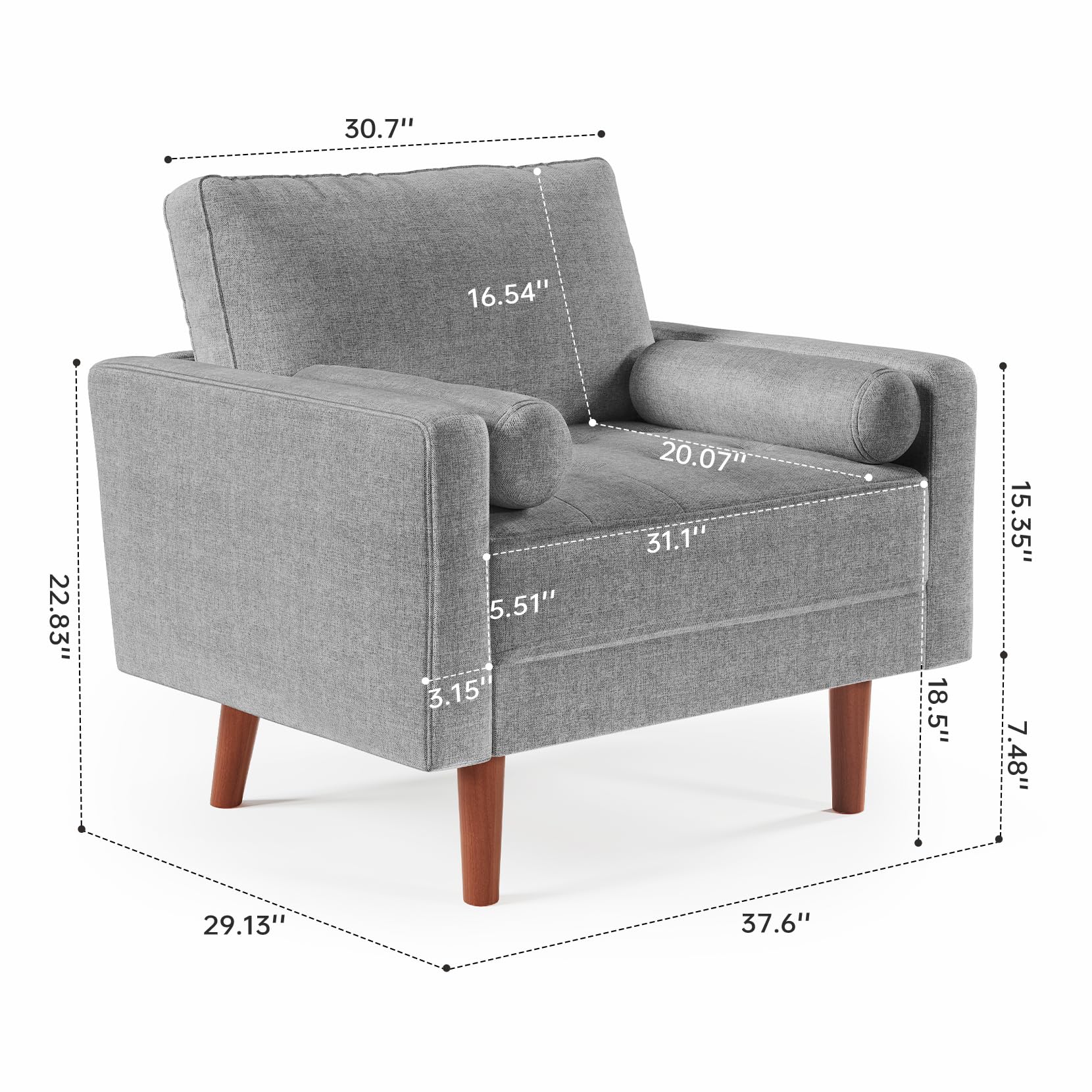 Koorlian Grey Accent Chairs, Mid Century Modern Accent Chair with Track Armrest, Button Tufted Armchair, 2 Bolster Pillow, Linen Fabric Single Sofa Chair for Living Room/Bedroom/Apartment/Office