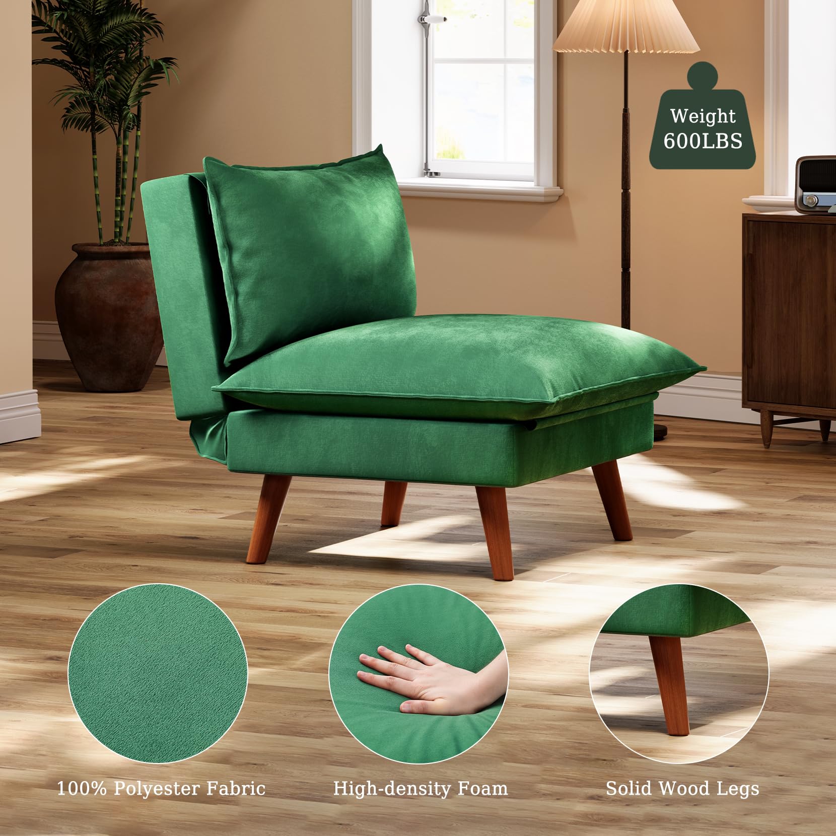 Koorlian Convertible Chair Bed, 5 in 1 Folding Velvet Sleeper Chair, Sofa Bed Floor Chair with Removable Legs, 5 Level Adjustable Backrest, Green