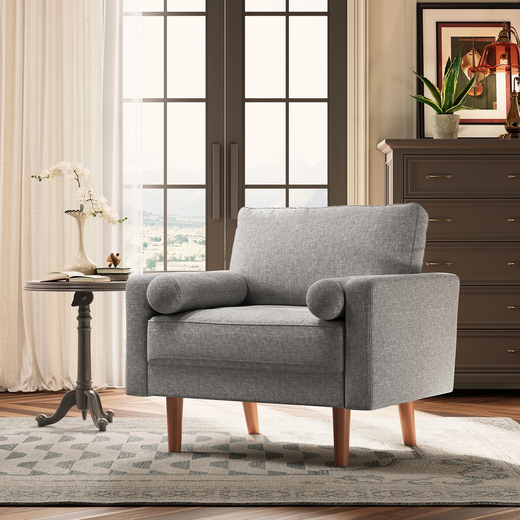 Koorlian Grey Accent Chairs, Mid Century Modern Accent Chair with Track Armrest, Button Tufted Armchair, 2 Bolster Pillow, Linen Fabric Single Sofa Chair for Living Room/Bedroom/Apartment/Office