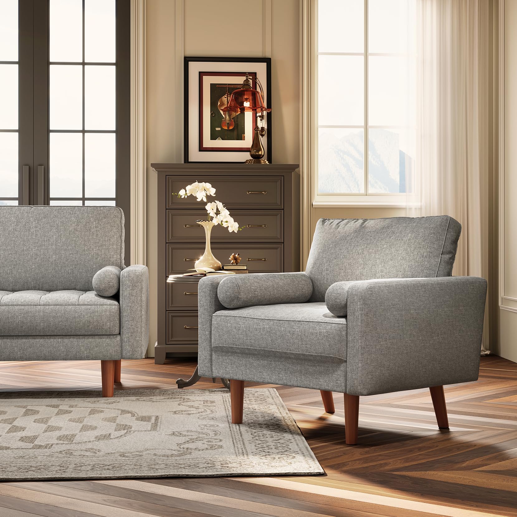 Koorlian Grey Accent Chairs, Mid Century Modern Accent Chair with Track Armrest, Button Tufted Armchair, 2 Bolster Pillow, Linen Fabric Single Sofa Chair for Living Room/Bedroom/Apartment/Office