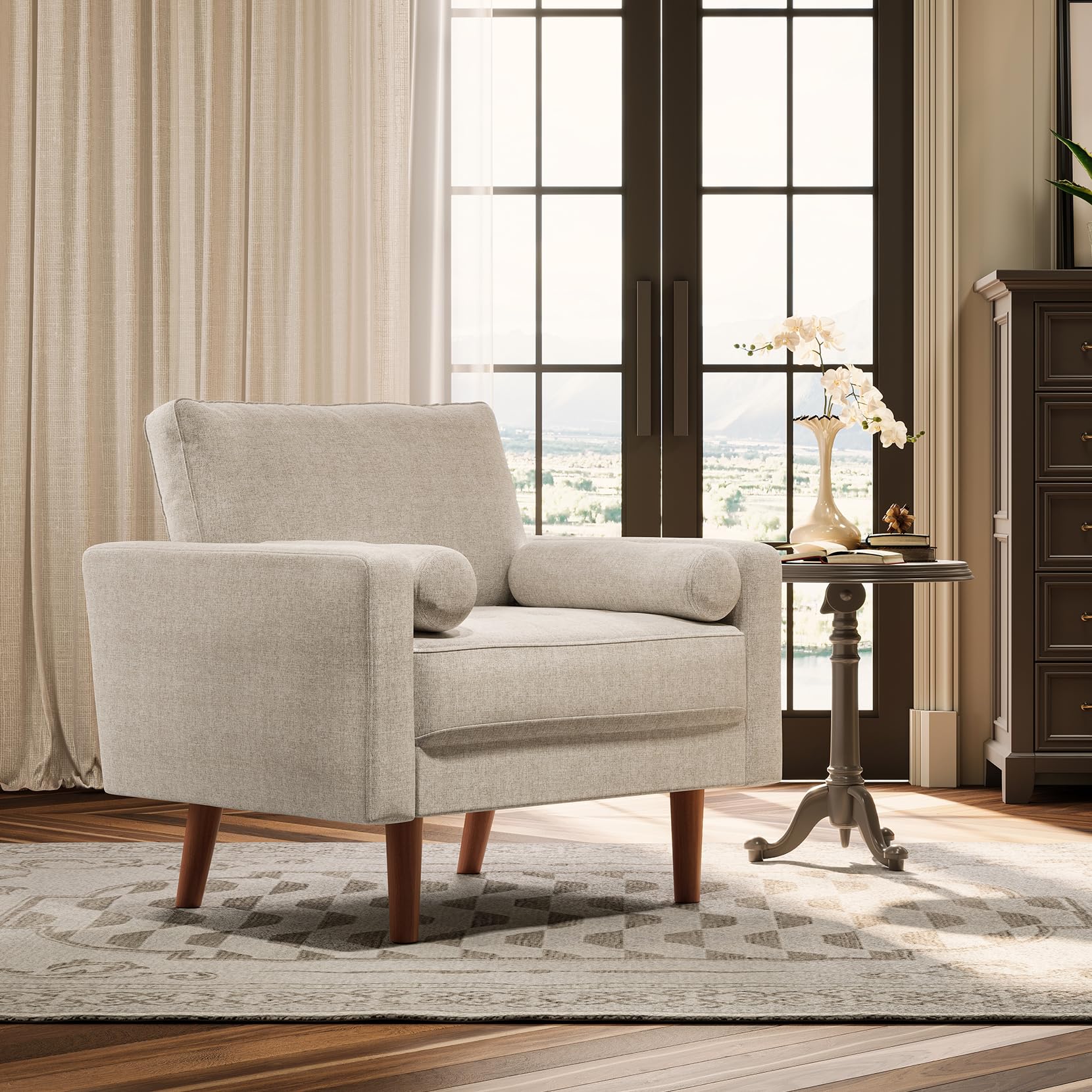 Koorlian Beige Accent Chairs, Mid Century Modern Accent Chair with Track Armrest, Button Tufted Armchair, 2 Bolster Pillow, Linen Fabric Single Sofa Chair for Living Room/Bedroom/Apartment/Office