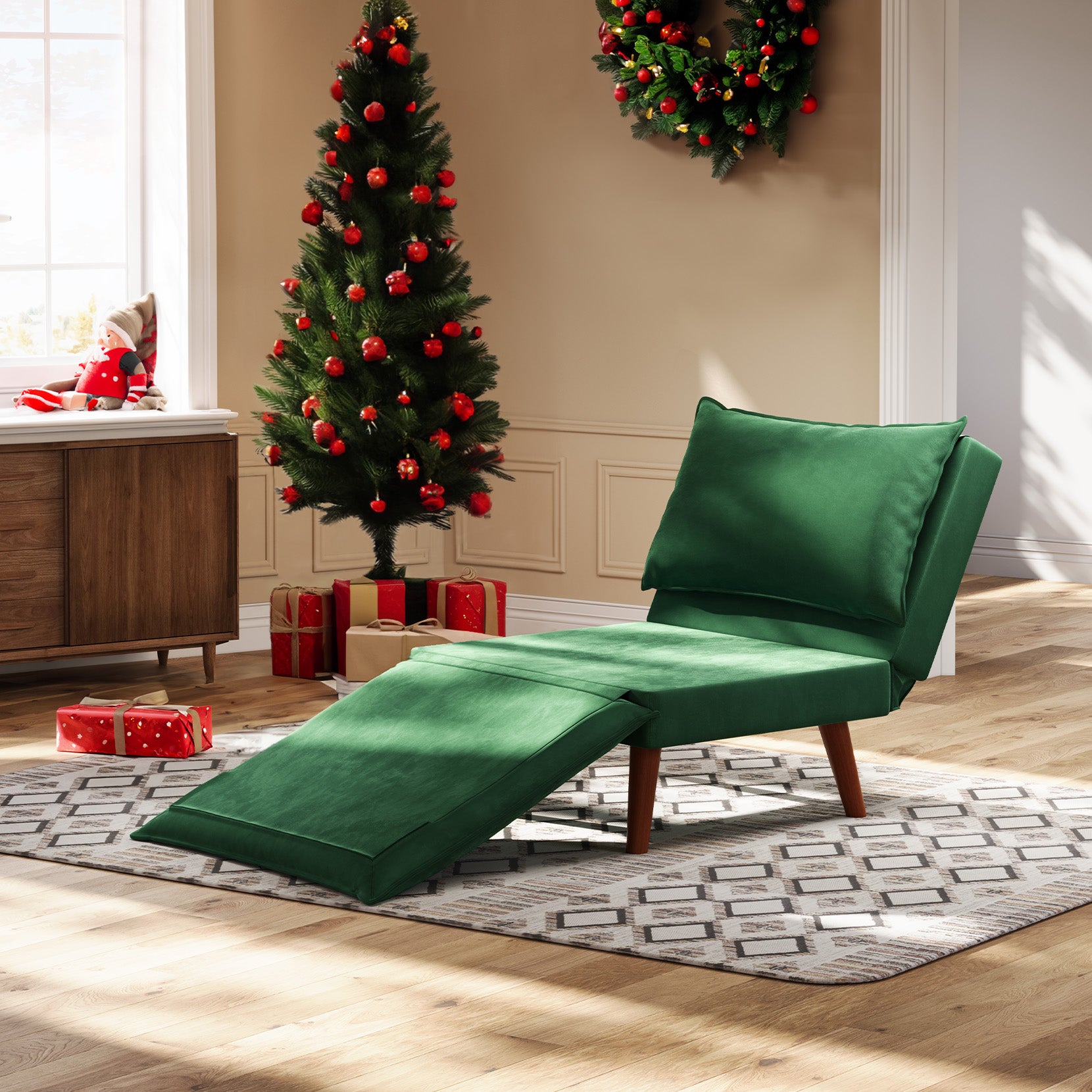Koorlian Convertible Chair Bed, 5 in 1 Folding Velvet Sleeper Chair, Sofa Bed Floor Chair with Removable Legs, 5 Level Adjustable Backrest, Green