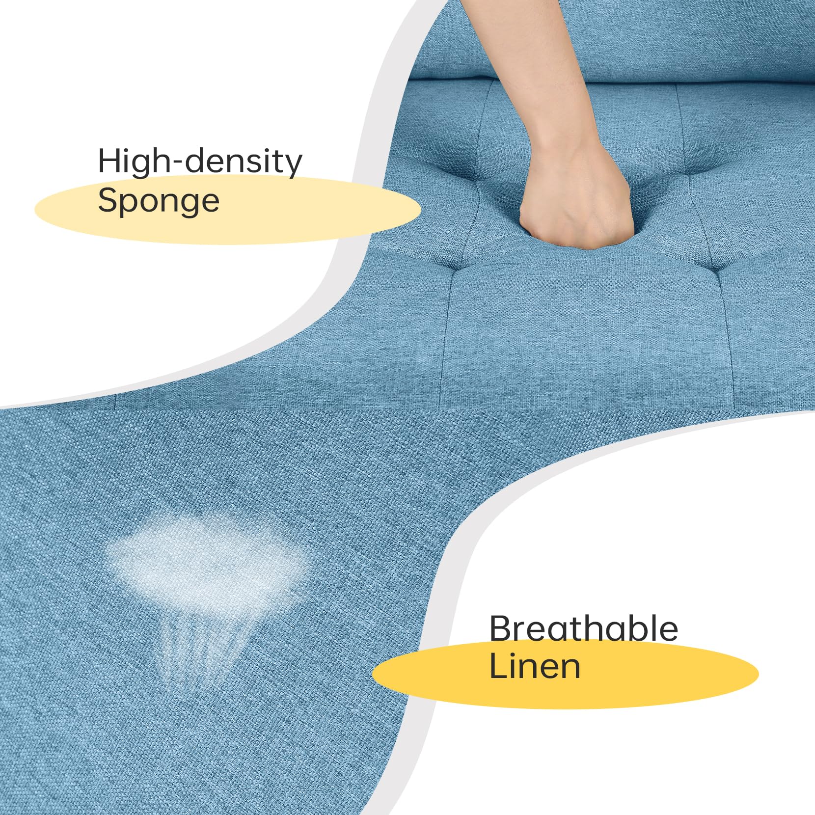 Koorlian Blue Accent Chairs, Mid Century Modern Accent Chair with Track Armrest, Button Tufted Armchair, 2 Bolster Pillow, Linen Fabric Single Sofa Chair for Living Room/Bedroom/Apartment/Office