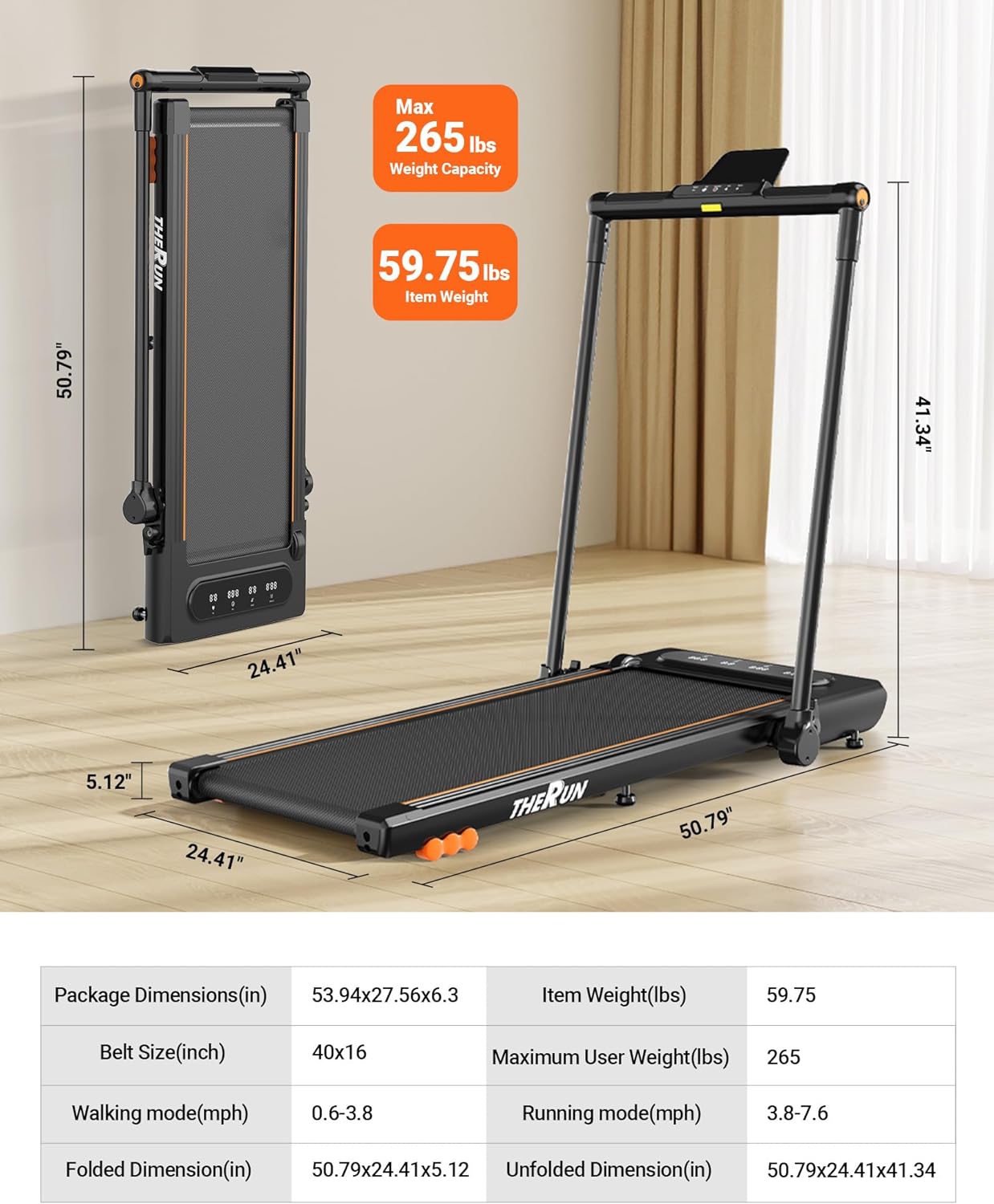 2.5HP Treadmill, 2 in 1 Under Desk Walking Pad Treadmill, Electric Compact Space Folding Treadmill for Home Office with LED Touch Screen 0.6-7.6MPH Wider Running Belt, No Assembly Needed