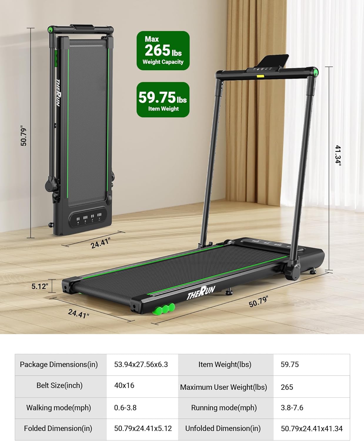 2.5HP Treadmill, 2 in 1 Under Desk Walking Pad Treadmill, Electric Compact Space Folding Treadmill for Home Office with LED Touch Screen 0.6-7.6MPH Wider Running Belt, No Assembly Needed