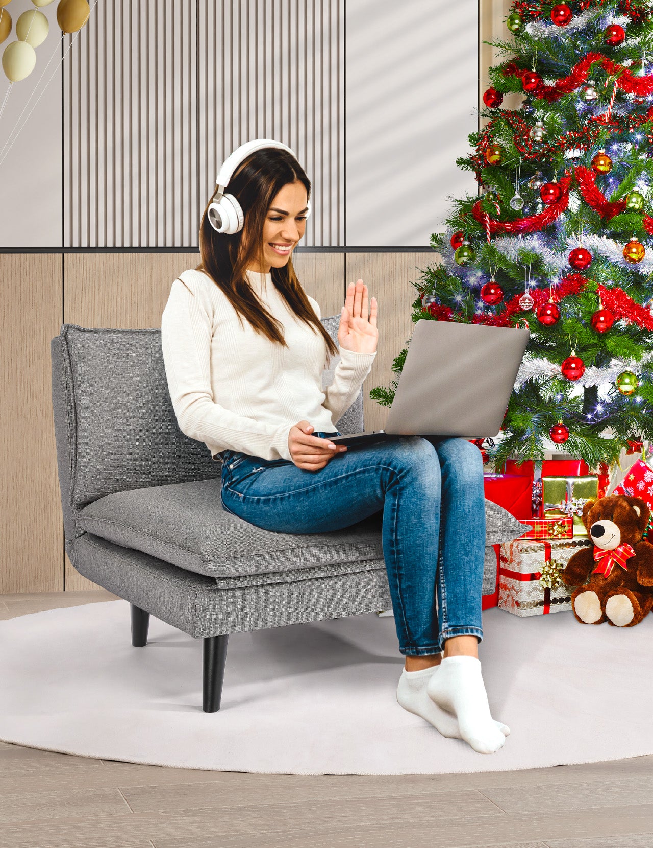 Koorlian Convertible Chair Bed, 5 in 1 Folding Fabric Sleeper Chair, Sofa Bed Floor Chair with Removable Legs, 5 Level Adjustable Backrest, Grey