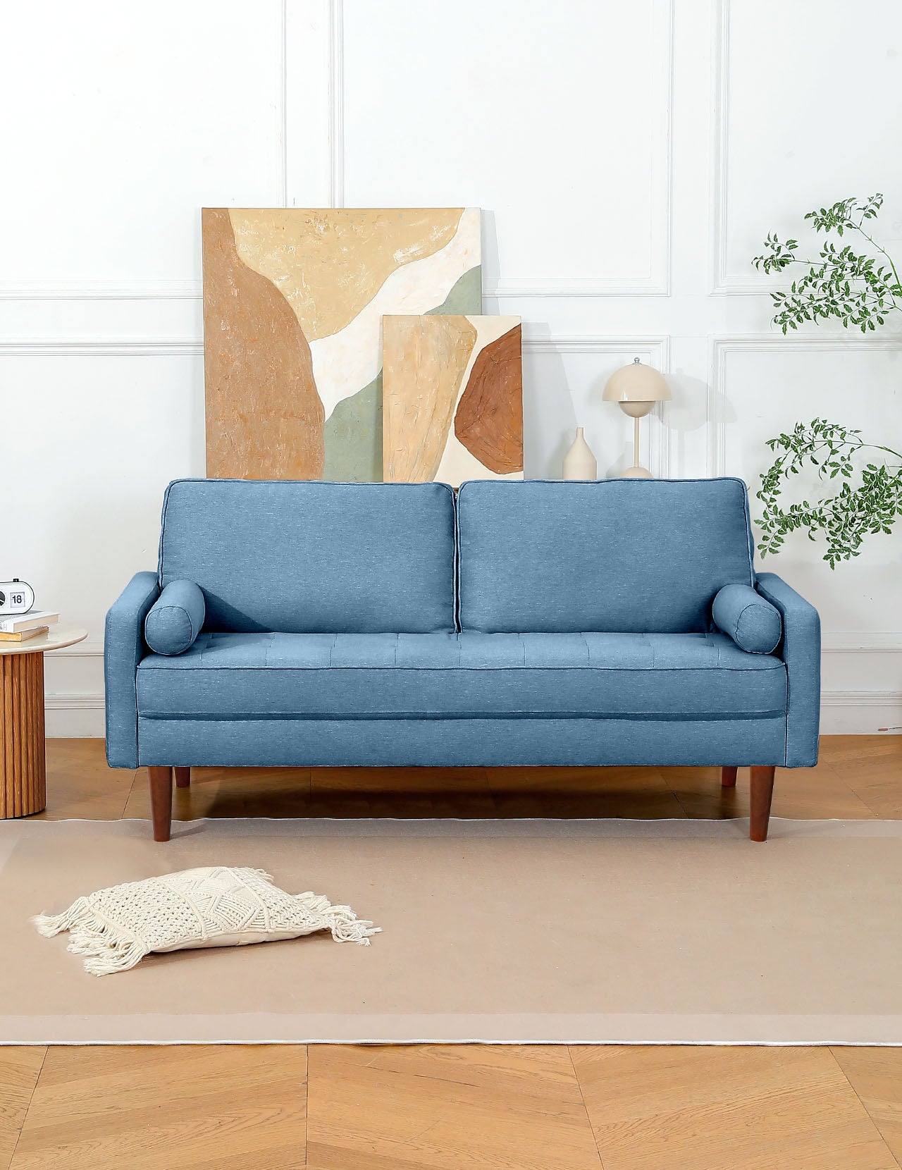 Koorlian Small Sofa Couch, 2 Seater Fabric Loveseat, Mid Century Modern Couches for Living Room, Button Tufted Seat Cushion, Square Armrest, 2 Throw Pillows, Fit for Small Spaces, Dorm, Apart, Blue