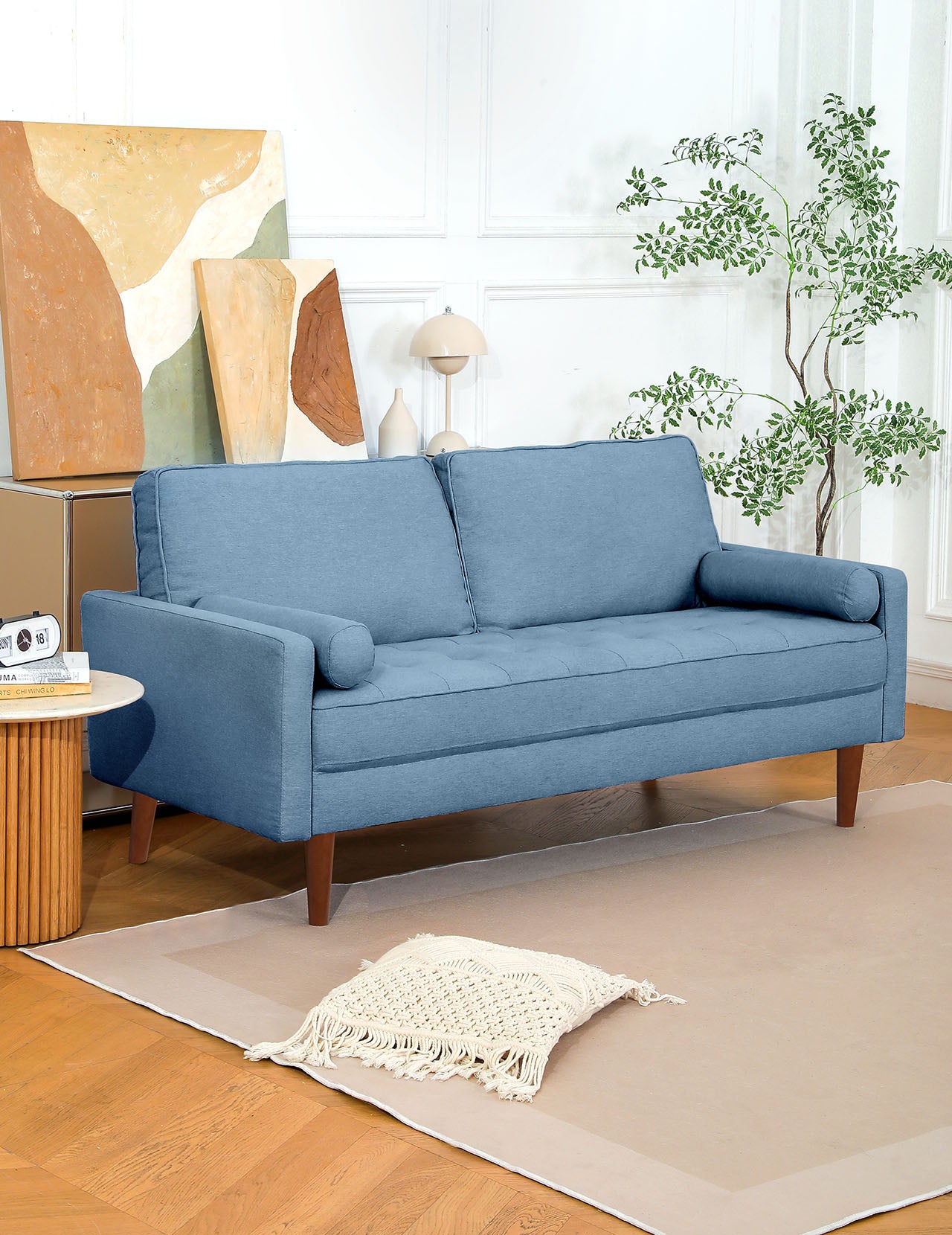 Koorlian Small Sofa Couch, 2 Seater Fabric Loveseat, Mid Century Modern Couches for Living Room, Button Tufted Seat Cushion, Square Armrest, 2 Throw Pillows, Fit for Small Spaces, Dorm, Apart, Blue