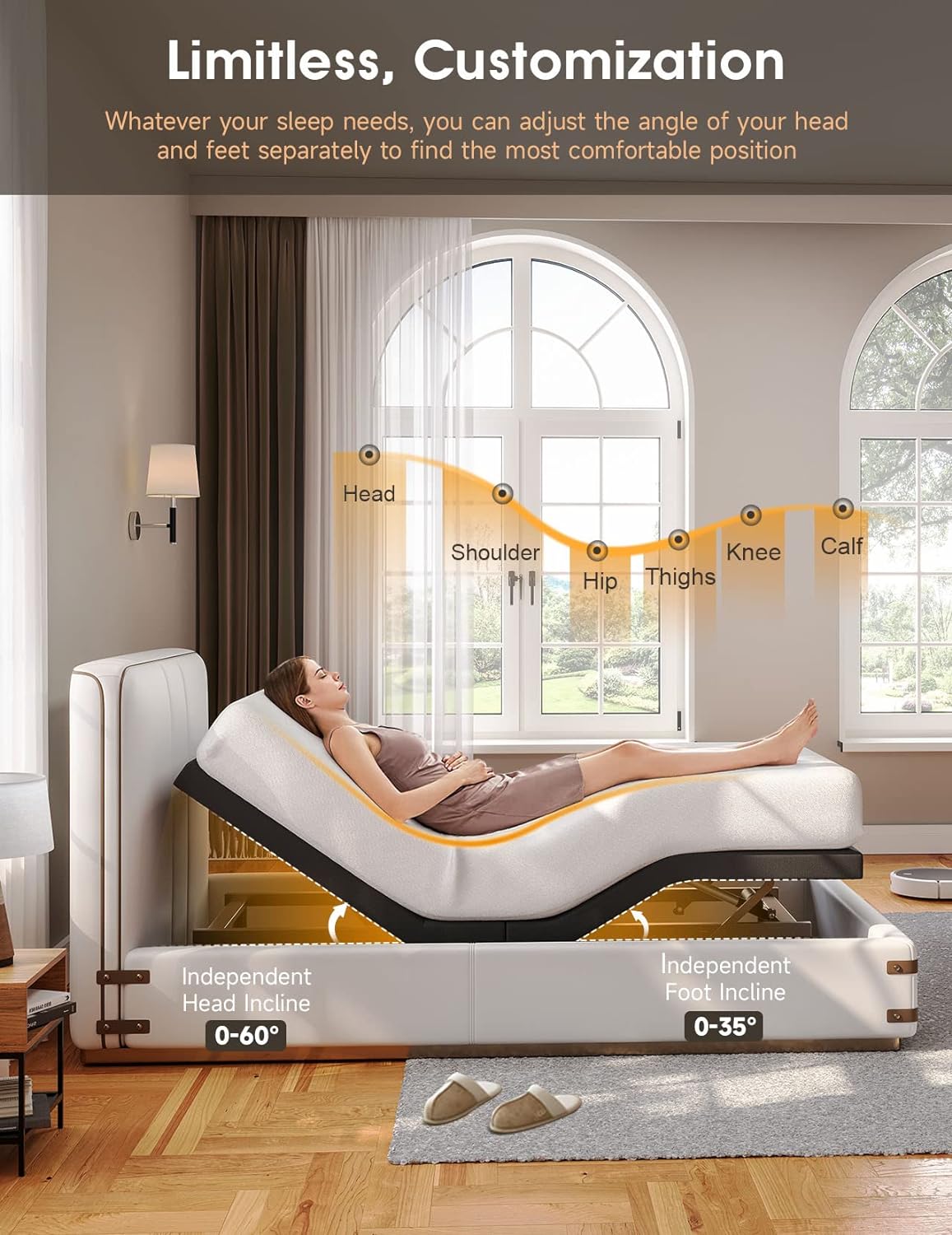 Koorlian Upgraded Adjustable Bed Frame Twin XL, Home Adjustable Bed Base with Independent Head & Foot Incline, Underbed Lighting, USB Charging, Wireless Remote, Electric Adjustable Beds with 12'' Legs