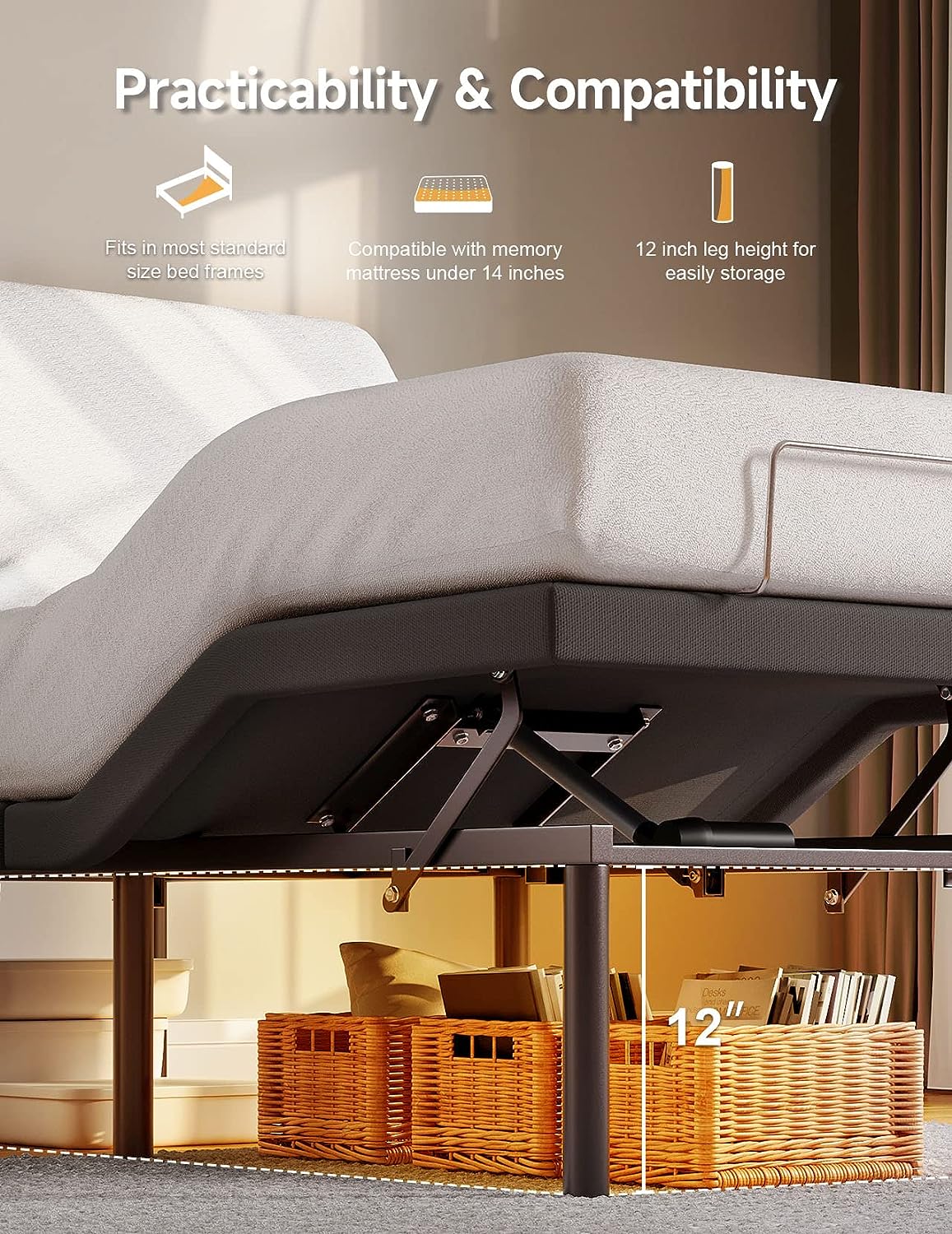 Koorlian Upgraded Twin Adjustable Bed Frame with Remote, Home Adjustable Bed Base with Head and Foot Incline, Electric Adjustable Beds with 12 inch Legs, USB Charging, Underbed Lighting, Easy Assembly