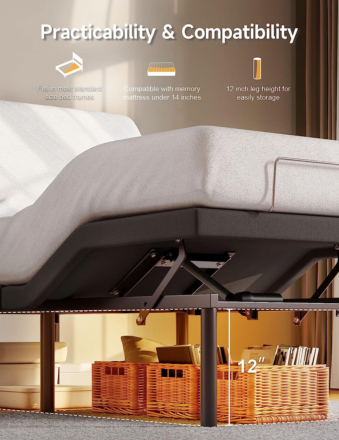 Koorlian Twin Adjustable Electric Bed Base Frame, Stand-Alone Bed Base with Independent Head & Foot Incline, Wireless Remote Control, Quiet Motor, 12 inch Legs for Storage, 5-Minute Assemble