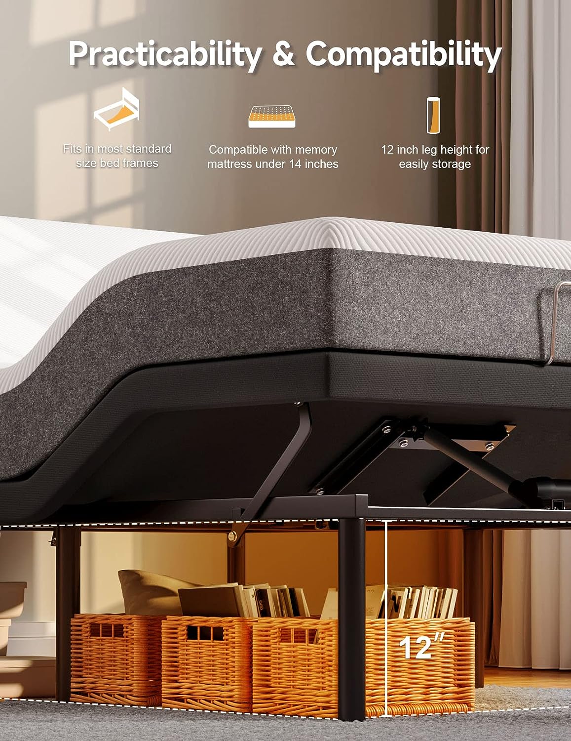 Koorlian Upgraded Queen Adjustable Bed Frame, Home Adjustable Bed Base with Independent Head & Foot Incline, USB Charging, Underbed Lighting, Wireless Remote, Electric Adjustable Beds with 12'' Legs